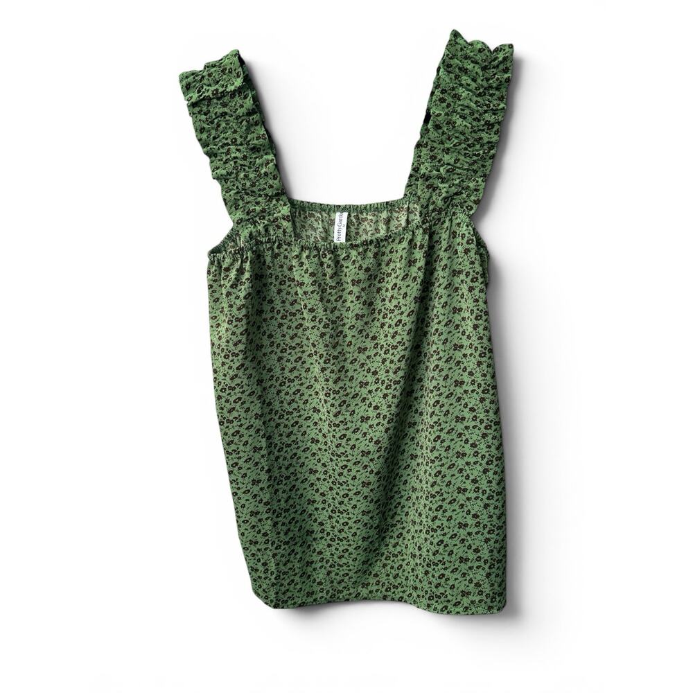 Pretty Garden Cottagecore Floral Sleeveless Blouse Ruched Shoulder Olive M NWOT